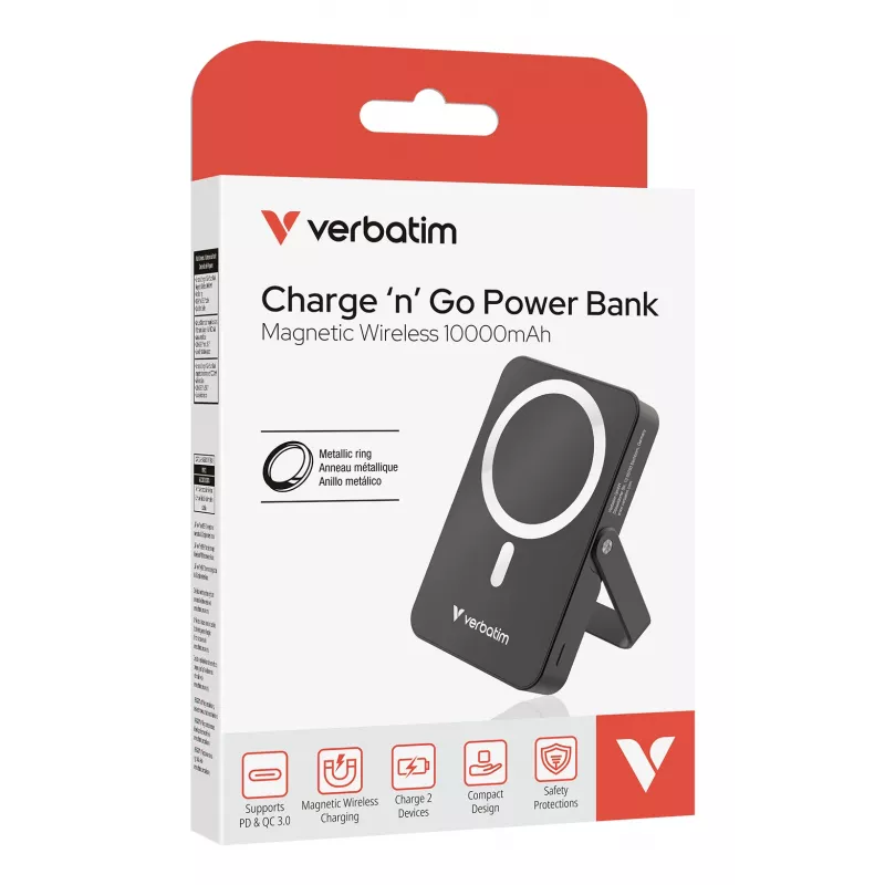 Verbatim Charge 'n' Go Powerbank magnética inalámbrica con soporte – 10000 mAh Negro