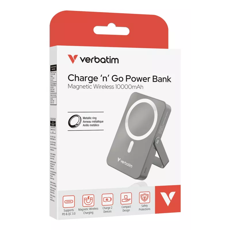 Verbatim Charge 'n' Go Powerbank magnética inalámbrica con soporte – 10000 mAh Gris
