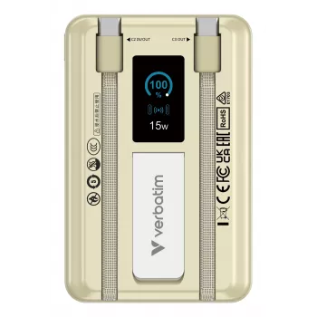 Verbatim Charge'n'Go 2C y pantalla Powerbank 10000 mAh Oro, 10000 mAh, Polímero de litio (LiPo), Power Delivery 3.0, Quick Charge 3.0, carga inalámbrica, 3,85 V, 52 W