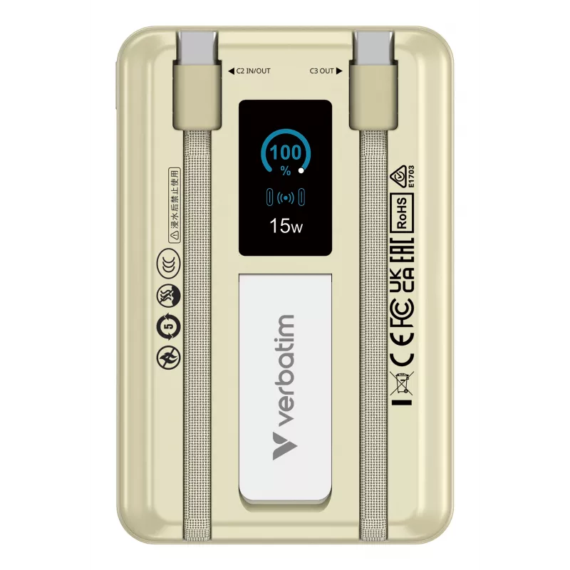 Verbatim Charge'n'Go 2C y pantalla Powerbank 10000 mAh Oro, 10000 mAh, Polímero de litio (LiPo), Power Delivery 3.0, Quick Charge 3.0, carga inalámbrica, 3,85 V, 52 W