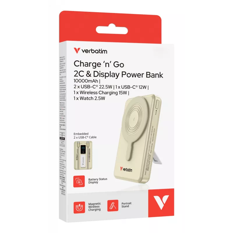 Verbatim Charge'n'Go 2C y pantalla Powerbank 10000 mAh Oro, 10000 mAh, Polímero de litio (LiPo), Power Delivery 3.0, Quick Charge 3.0, carga inalámbrica, 3,85 V, 52 W