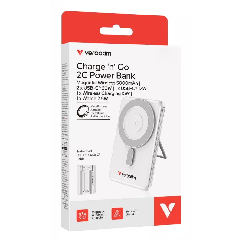 Verbatim Charge'n'Go 2C Powerbank 5000 mAh Plata, 5000 mAh, Polímero de litio (LiPo), Adaptive Fast Charging, Power Delivery 3.0, Quick Charge 3.0, carga inalámbrica, 3,85 V, 20 W