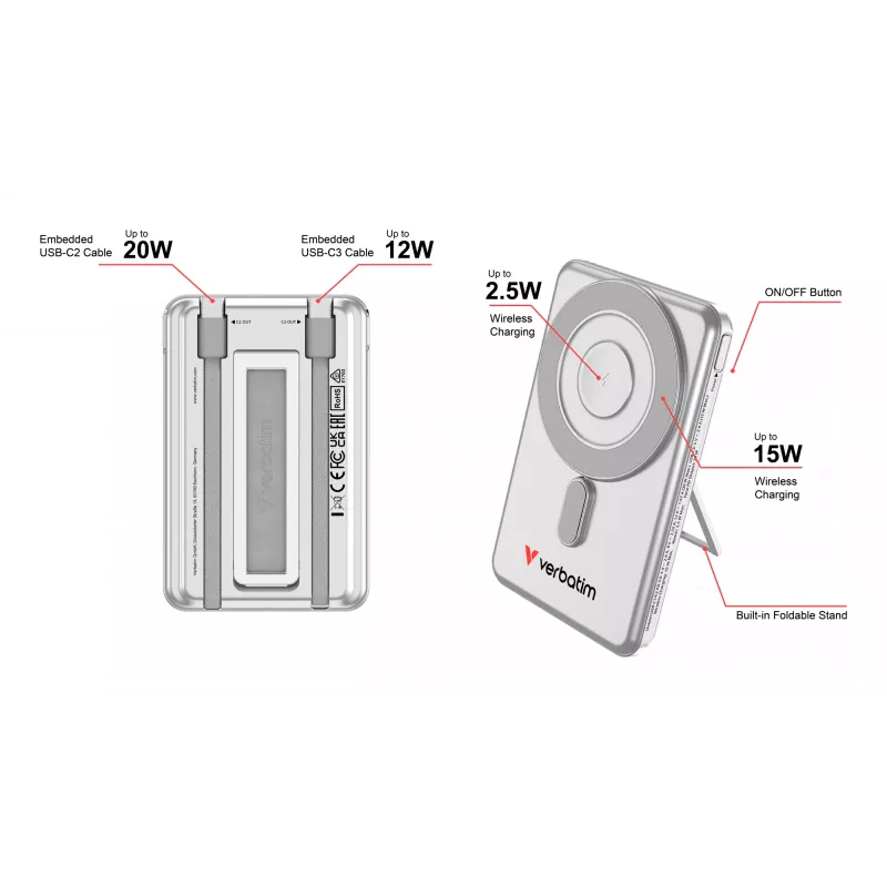 Verbatim Charge'n'Go 2C Powerbank 5000 mAh Plata, 5000 mAh, Polímero de litio (LiPo), Adaptive Fast Charging, Power Delivery 3.0, Quick Charge 3.0, carga inalámbrica, 3,85 V, 20 W