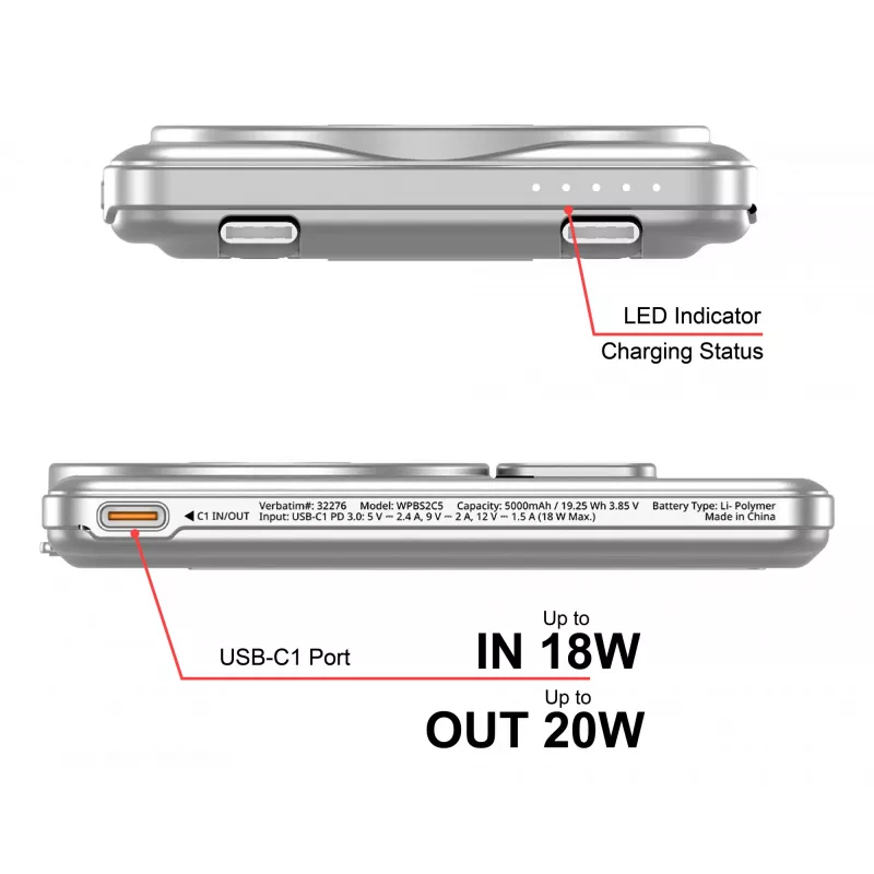Verbatim Charge'n'Go 2C Powerbank 5000 mAh Plata, 5000 mAh, Polímero de litio (LiPo), Adaptive Fast Charging, Power Delivery 3.0, Quick Charge 3.0, carga inalámbrica, 3,85 V, 20 W