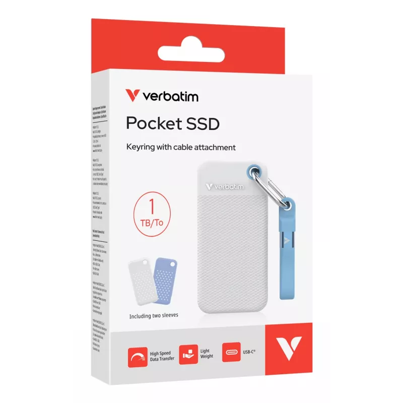 Verbatim Pocket SSD USB 3.2 Gen 2 1 TB Blanco/Azul claro con dos fundas de goma