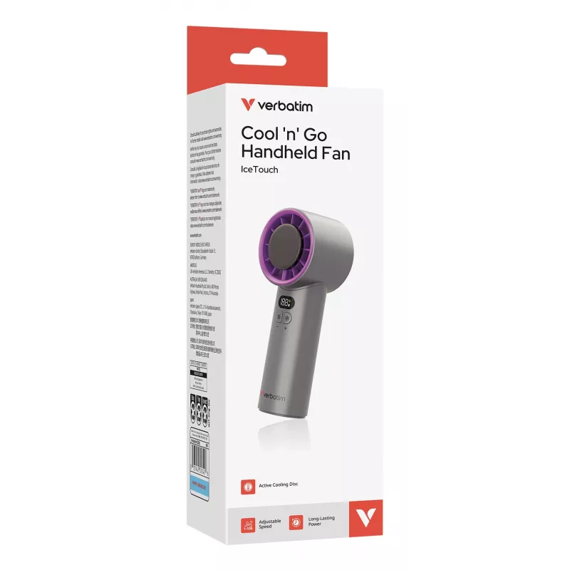 Verbatim Cool’n’Go IceTouch ventilador de mano Gris/Lila, Gris, Lila, 1 ventilador, ventilador de mano, 1 ud., 8 W, Ion de litio (Li-Ion)