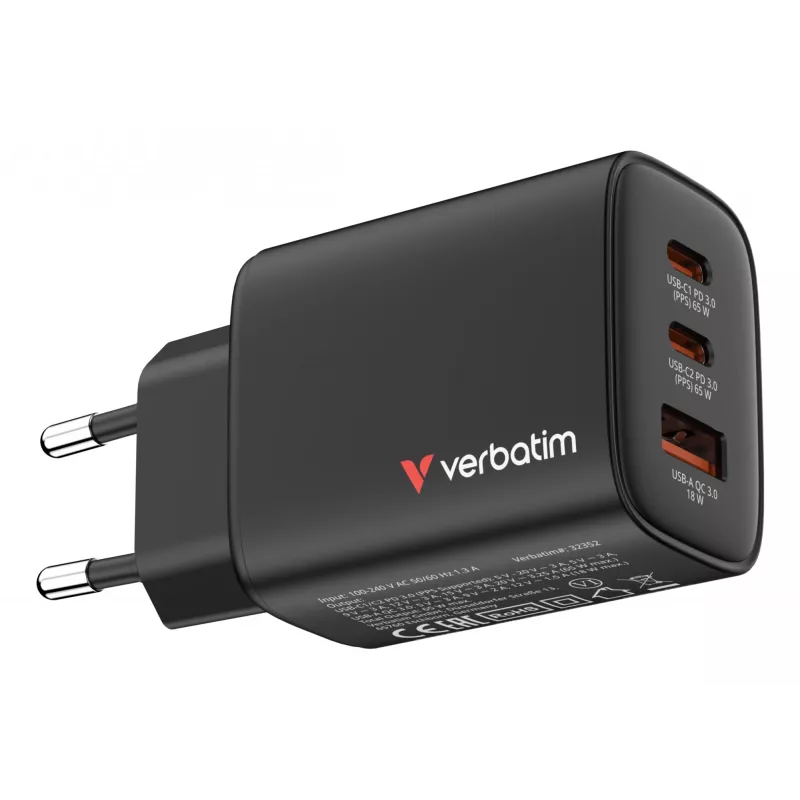 Verbatim Essentials cargador GaN 65W con conector EU Negro, interior, AC, 20 V, Negro