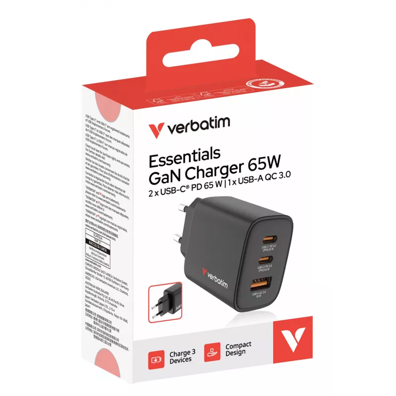 Verbatim Essentials cargador GaN 65W con conector EU Negro, interior, AC, 20 V, Negro
