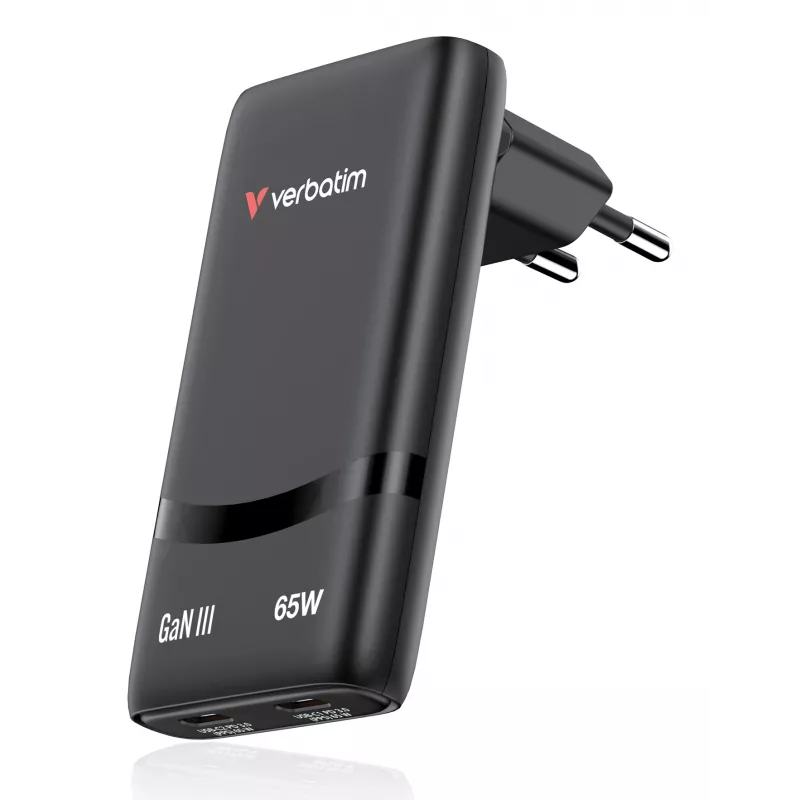 Verbatim Fold 'n' Go cargador GaN 65W con conector EU Negro, interior, AC, 20 V, Negro