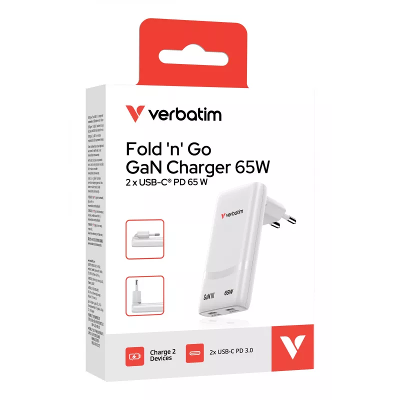 Verbatim Fold 'n' Go cargador GaN 65W con conector EU Blanco