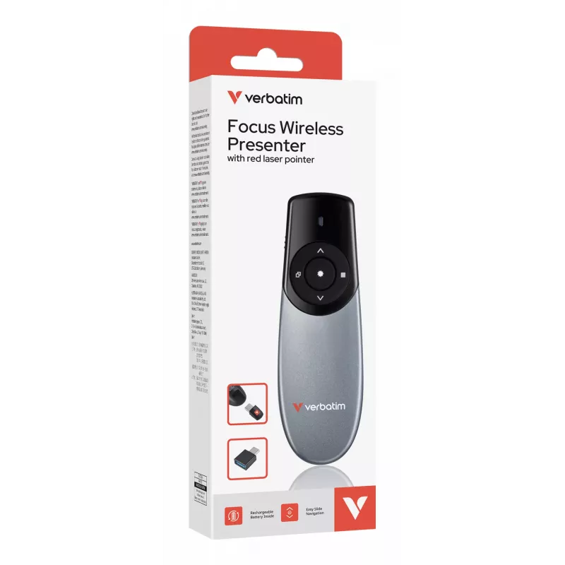 Verbatim Focus presentador inalámbrico con puntero láser rojo, RF, USB, 30 m, Negro, Plata