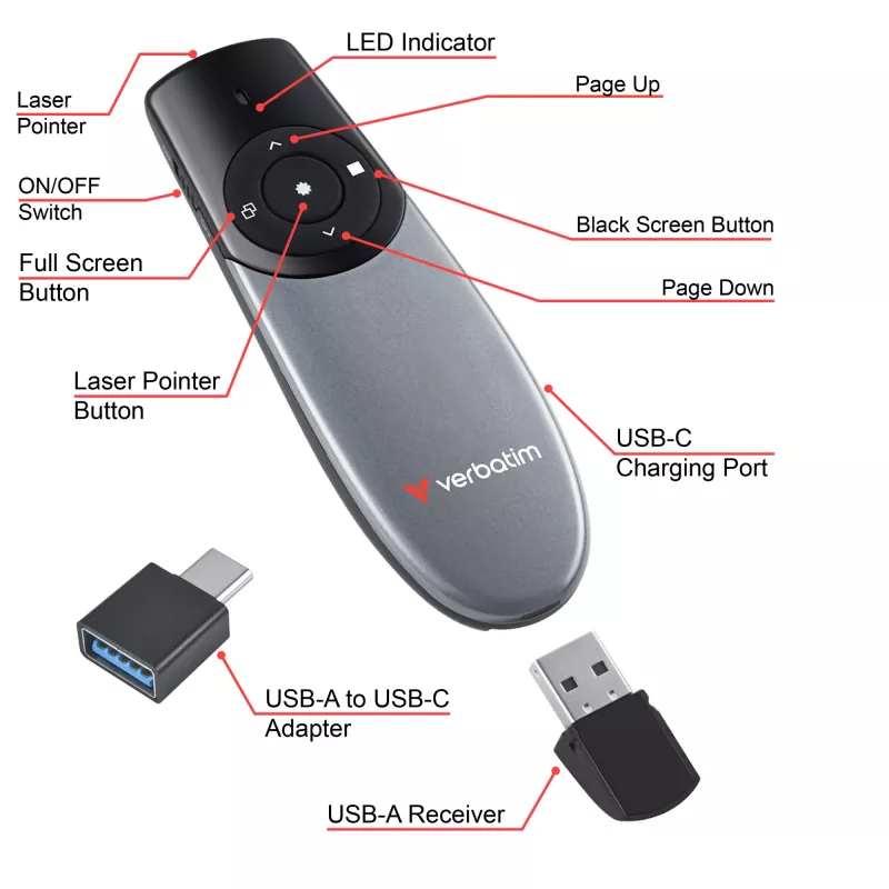 Verbatim Focus presentador inalámbrico con puntero láser rojo, RF, USB, 30 m, Negro, Plata