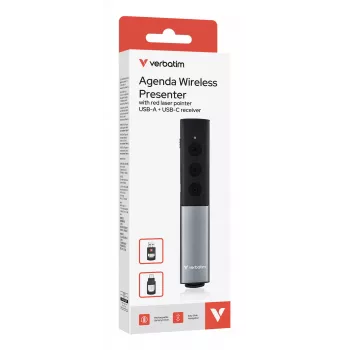 Verbatim Agenda presentador inalámbrico con puntero láser rojo, RF, USB, 100 m, Negro, Plata