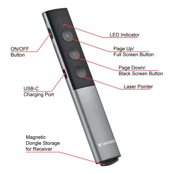 Verbatim Agenda presentador inalámbrico con puntero láser rojo, RF, USB, 100 m, Negro, Plata