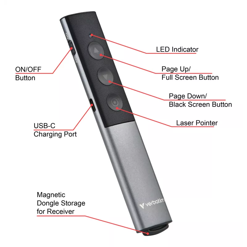 Verbatim Agenda presentador inalámbrico con puntero láser rojo, RF, USB, 100 m, Negro, Plata