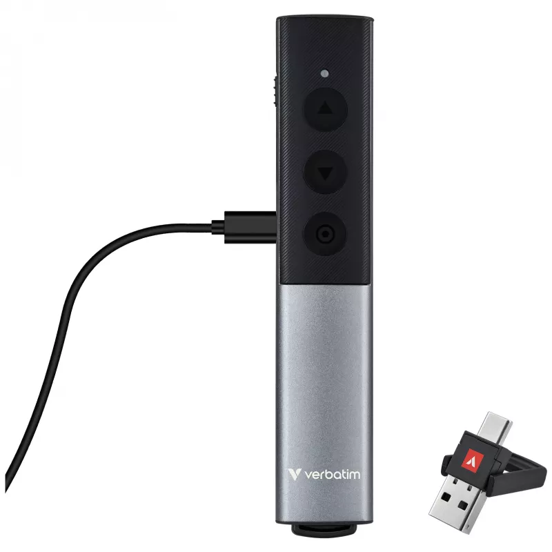 Verbatim Agenda presentador inalámbrico con puntero láser rojo, RF, USB, 100 m, Negro, Plata
