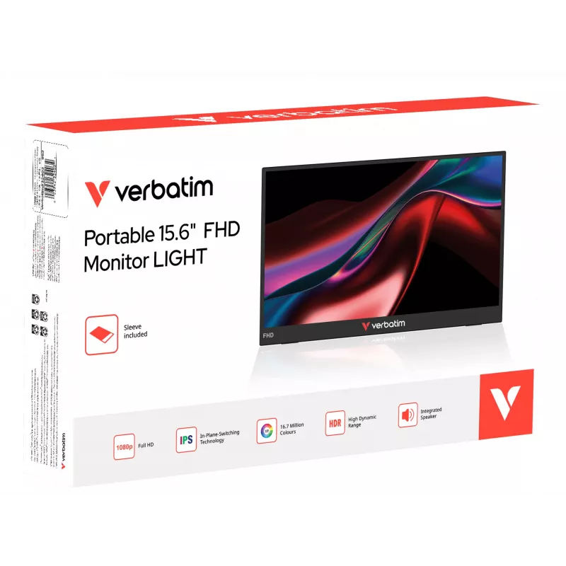 Verbatim monitor portátil 15,6 inch FHD LIGHT, 39,6 cm (15,6 inch), LCD, 1920 x 1080 píxeles, Full HD, 16:9, 10 ms