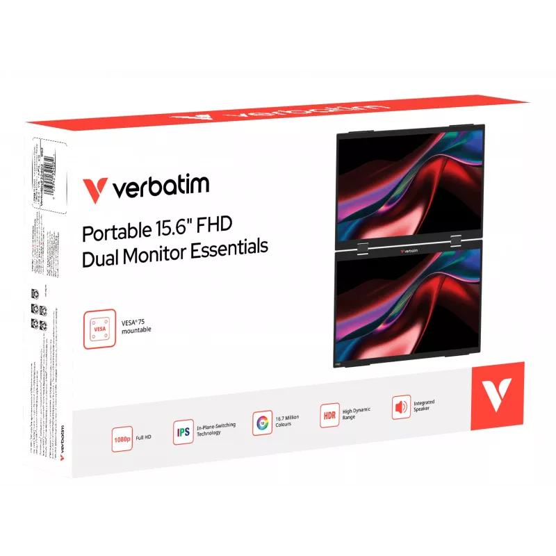 Verbatim monitor portátil 15,6 inch FHD Dual Monitor Essentials, 39,6 cm (15,6 inch), LCD, 1920 x 1080 píxeles, Full HD, 16:9, 10 ms