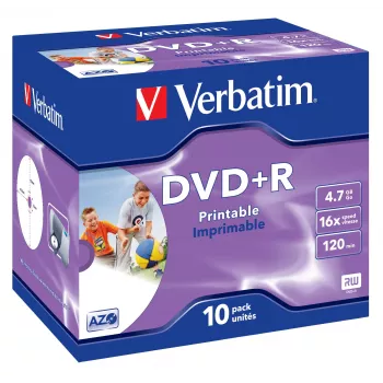 Verbatim DVD+R Wide Inkjet Printable ID Brand, DVD+R, 120 mm, imprimible, funda Jewel Case, 10 uds., 4,7 GB