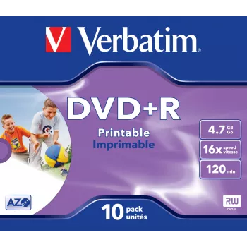 Verbatim DVD+R Wide Inkjet Printable ID Brand, DVD+R, 120 mm, imprimible, funda Jewel Case, 10 uds., 4,7 GB