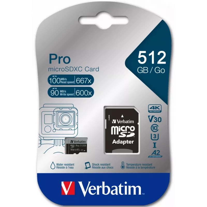 Verbatim Pro U3 512GB tarjeta Micro SDXC, 512 GB, MicroSDXC, Class 10, UHS-I, 100 MB/s, 90 MB/s