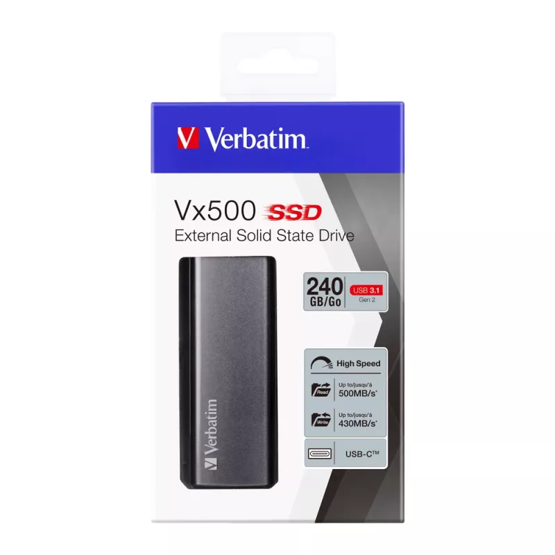 Verbatim Vx500 SSD externo USB 3.1 Gen 2 240GB, 240 GB, USB Type-C, 3.2 Gen 2 (3.1 Gen 2), 500 MB/s, plateado