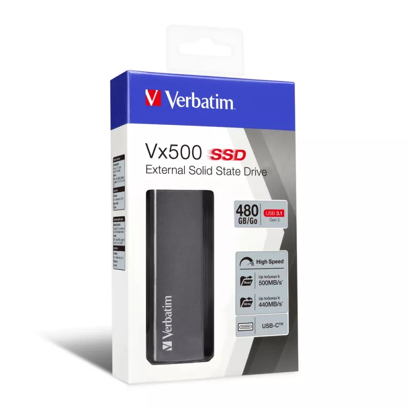 Verbatim Vx500 SSD externo USB 3.1 Gen 2 480 GB, 480 GB, USB Type-C, 3.2 Gen 2 (3.1 Gen 2), 500 MB/s, plata