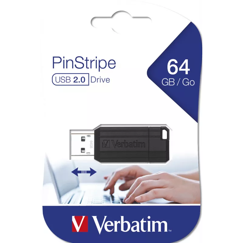 Verbatim PinStripe - Unidad USB 64 GB - Negro, 64 GB, USB Type-A, 2.0, 10 MB/s, Slide, Negro