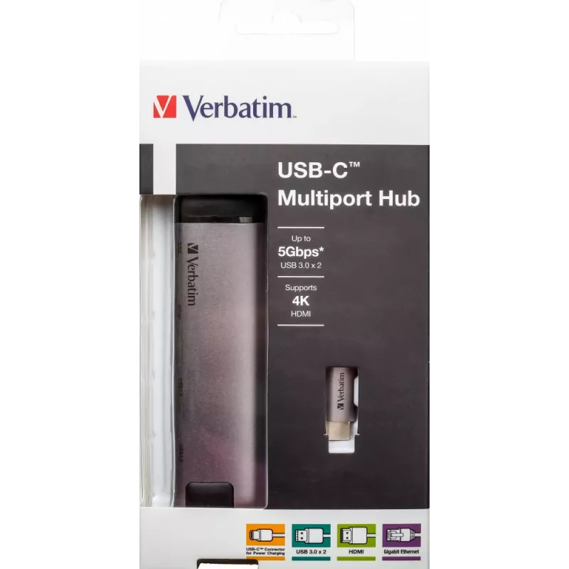 Verbatim 49141 dock/replicador de puertos para portátil USB 3.2 Gen 1 (3.1 Gen 1) Type-C negro, plata