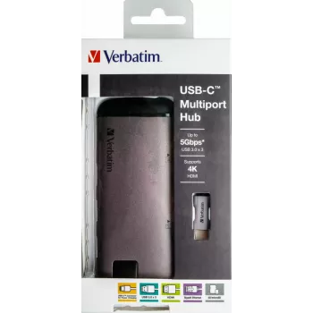 Verbatim 49142 dock/replicador de puertos para portátil USB 3.2 Gen 1 (3.1 Gen 1) Type-C negro, plata