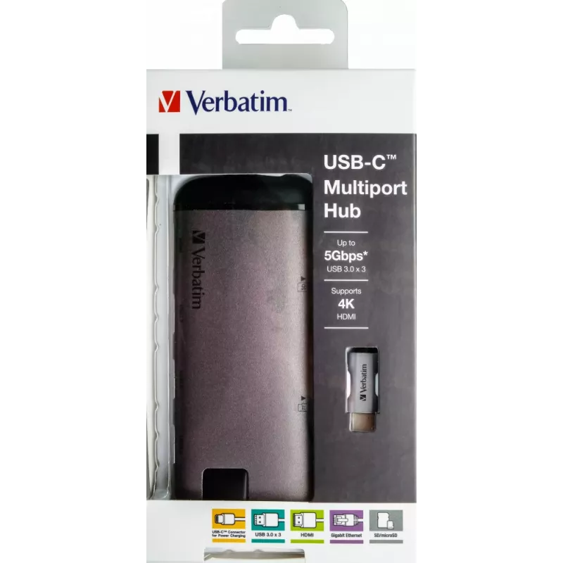 Verbatim 49142 dock/replicador de puertos para portátil USB 3.2 Gen 1 (3.1 Gen 1) Type-C negro, plata