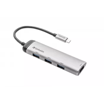Verbatim hub multipuerto USB-C, cuatro puertos USB 3.2 Gen 1, USB 3.2 Gen 1 (3.1 Gen 1) Type-C, USB 3.2 Gen 1 (3.1 Gen 1) Type-A, 5000 Mbit/s, gris, aluminio, plástico, 0,15 m