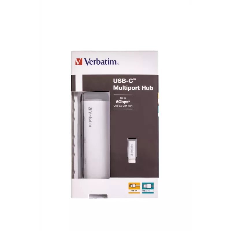 Verbatim hub multipuerto USB-C, cuatro puertos USB 3.2 Gen 1, USB 3.2 Gen 1 (3.1 Gen 1) Type-C, USB 3.2 Gen 1 (3.1 Gen 1) Type-A, 5000 Mbit/s, gris, aluminio, plástico, 0,15 m