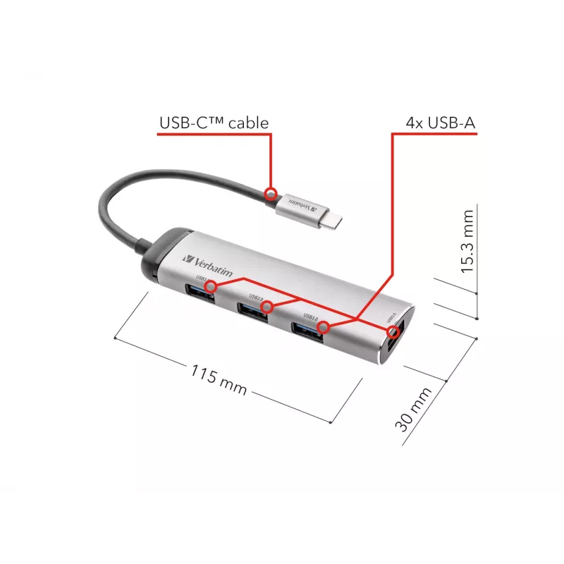 Verbatim hub multipuerto USB-C, cuatro puertos USB 3.2 Gen 1, USB 3.2 Gen 1 (3.1 Gen 1) Type-C, USB 3.2 Gen 1 (3.1 Gen 1) Type-A, 5000 Mbit/s, gris, aluminio, plástico, 0,15 m