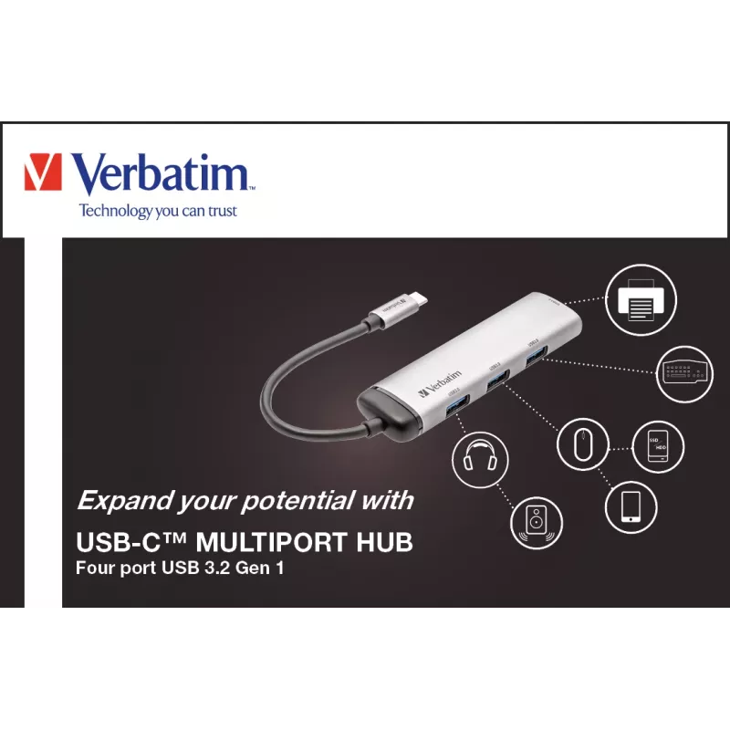Verbatim hub multipuerto USB-C, cuatro puertos USB 3.2 Gen 1, USB 3.2 Gen 1 (3.1 Gen 1) Type-C, USB 3.2 Gen 1 (3.1 Gen 1) Type-A, 5000 Mbit/s, gris, aluminio, plástico, 0,15 m