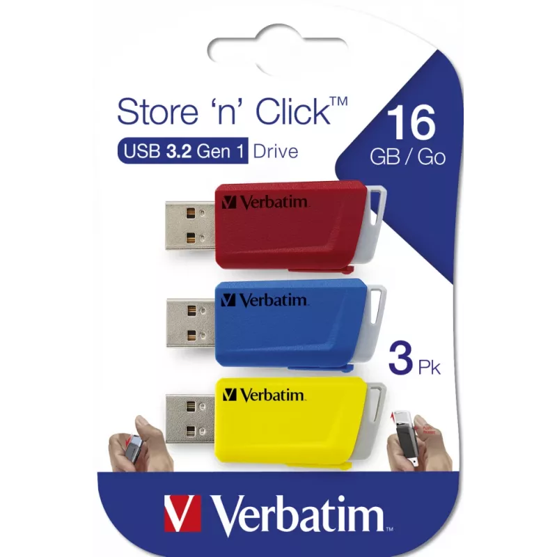 Verbatim Store 'n' Click - memoria USB 2.0 3.2 GEN1 - 3x16 GB - rojo/azul/amarillo