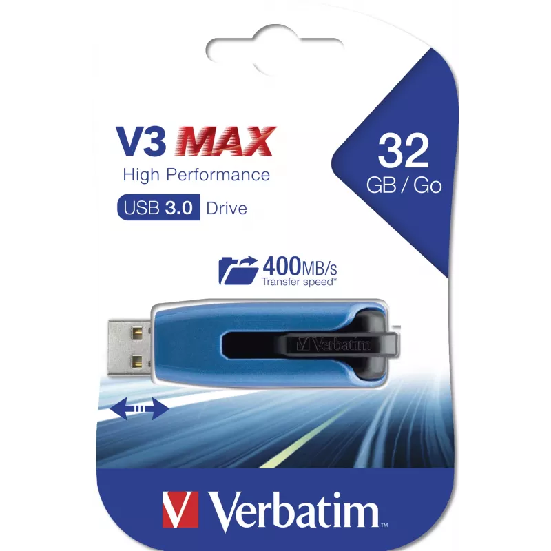 Verbatim V3 MAX - unidad USB 3.0 32 GB - azul, 32 GB, USB Type-A, 3.2 Gen 1 (3.1 Gen 1), 175 MB/s, Slide, azul