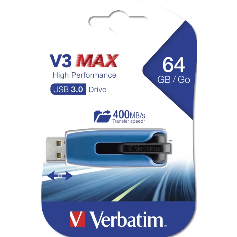 Verbatim V3 MAX - unidad USB 3.0 64 GB - azul, 64 GB, USB Type-A, 3.2 Gen 1 (3.1 Gen 1), Slide, 10 g, azul