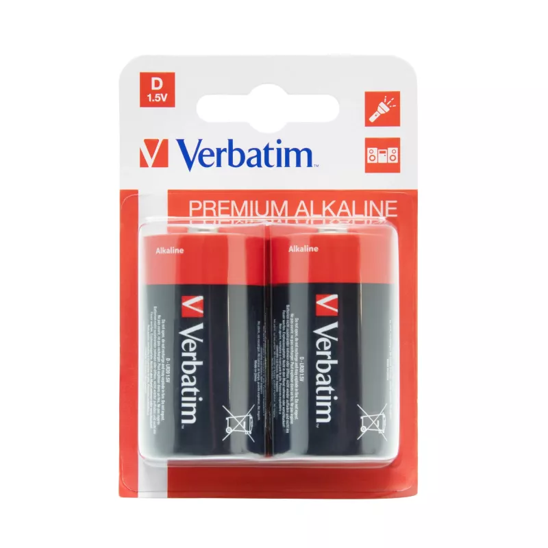 Verbatim pilas alcalinas D, pila desechable, alcalina, 1,5 V, 2 uds., multicolor, 34,2 mm
