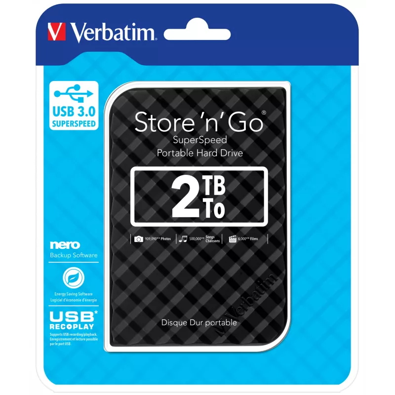 Verbatim Store 'n' Go USB 3.0 Disco duro 2TB Negro, 2 TB, 3.2 Gen 1 (3.1 Gen 1), 5400 rpm, Negro