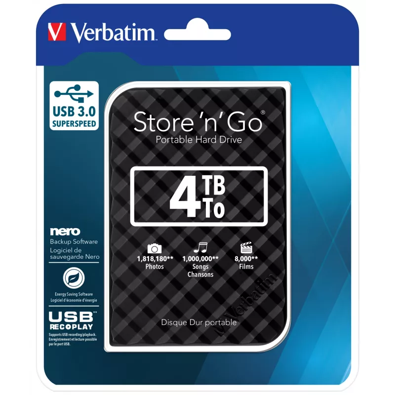 Verbatim Store 'n' Go disco duro USB 3.0 4 TB negro, 4 TB, 3.2 Gen 1 (3.1 Gen 1), 5400 RPM, negro