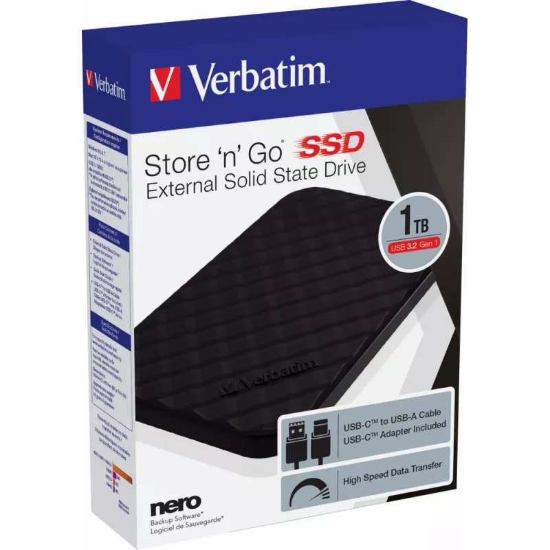 Verbatim Store 'n' Go SSD portátil USB 3.2 GEN 1 1TB, 1 TB, USB Type-C, 3.2 Gen 1 (3.1 Gen 1), Negro