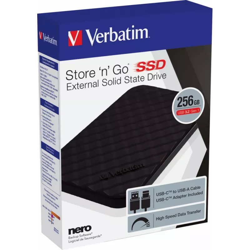Verbatim Store 'n' Go SSD portátil USB 3.2 GEN 1 256GB, 256 GB, USB Type-C, 3.2 Gen 1 (3.1 Gen 1), Negro