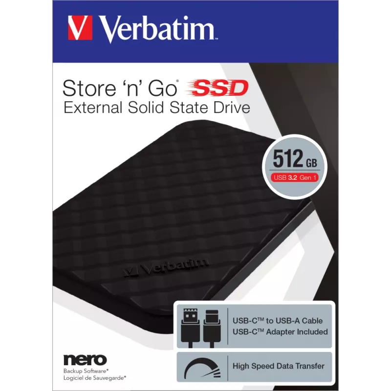 Verbatim Store 'n' Go SSD portátil USB 3.2 GEN 1 512GB, 512 GB, USB Type-C, 3.2 Gen 1 (3.1 Gen 1), Negro