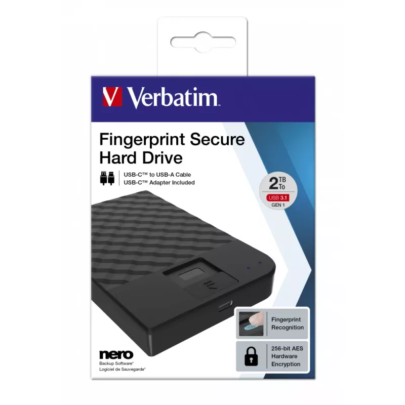 Verbatim Fingerprint Secure Disco duro portátil 2TB, 2 TB, 3.2 Gen 1 (3.1 Gen 1), Negro