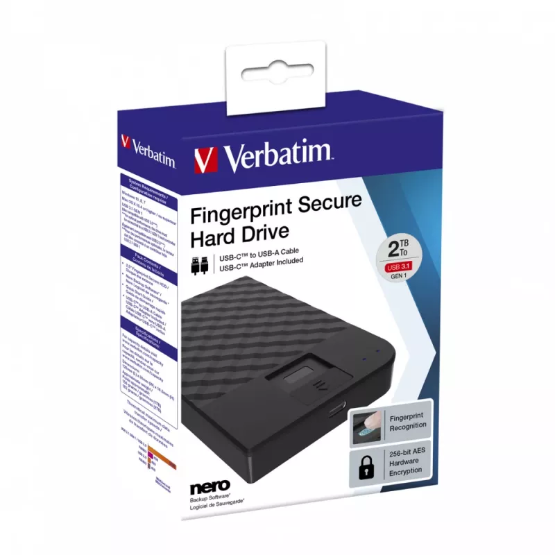 Verbatim Fingerprint Secure Disco duro portátil 2TB, 2 TB, 3.2 Gen 1 (3.1 Gen 1), Negro