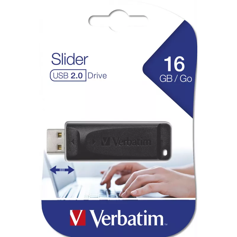 Verbatim Slider - Memoria USB 16 GB - Negra, 16 GB, USB Type-A, 2.0, 10 MB/s, deslizante, Negra