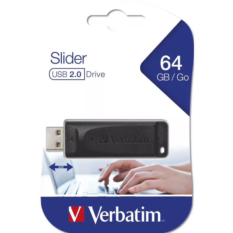 Verbatim Slider - Memoria USB 64 GB - Negra, 64 GB, USB Type-A, 2.0, 10 MB/s, deslizante, Negra
