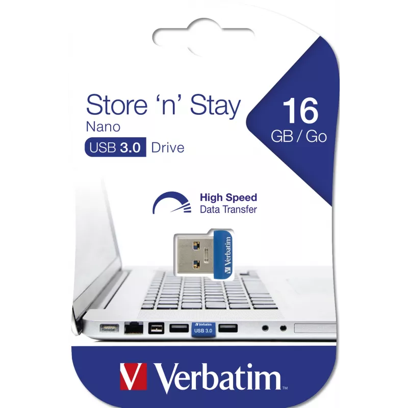 Verbatim Store 'n' Stay NANO - Memoria USB 3.0 16 GB - Azul, 16 GB, USB Type-A, 2.0, con tapa, 3 g, Azul