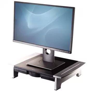 Soporte para monitor de ordenador Fellowes con 5 alturas ajustables - Elevador de monitor Office Suites con bandeja de almacenamiento - Soporte para monitor ergonómico ajustable para ordenador - Peso máx. 36 kg/Tamaño máx. 28 inch - Grafito